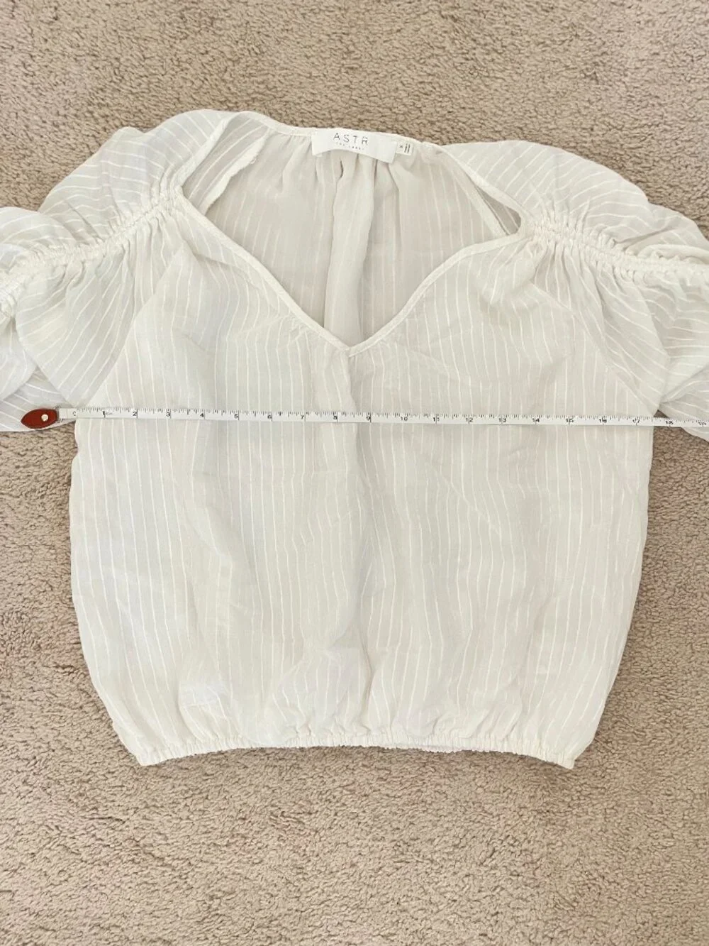 ASTR The Label White Sheer Ruched Sleeve Blouse S V Neck Tie Detail Stripe